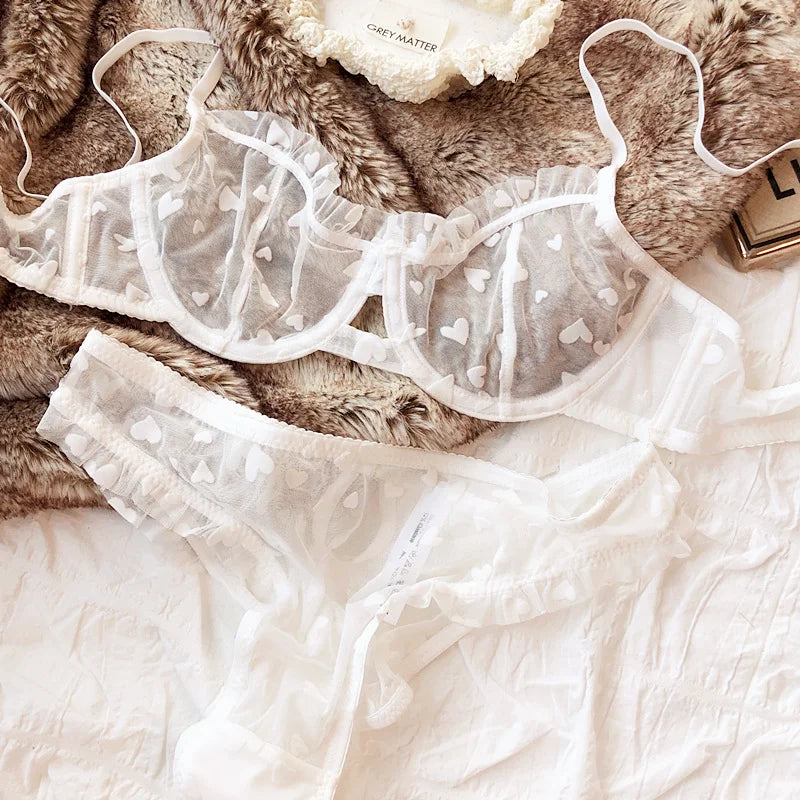 New Lingerie Thongs Set Sexy Ultra Thin Transparent Bra Women Underwire Push Up Bra Set Summer Romantic Peach Heart Underwear