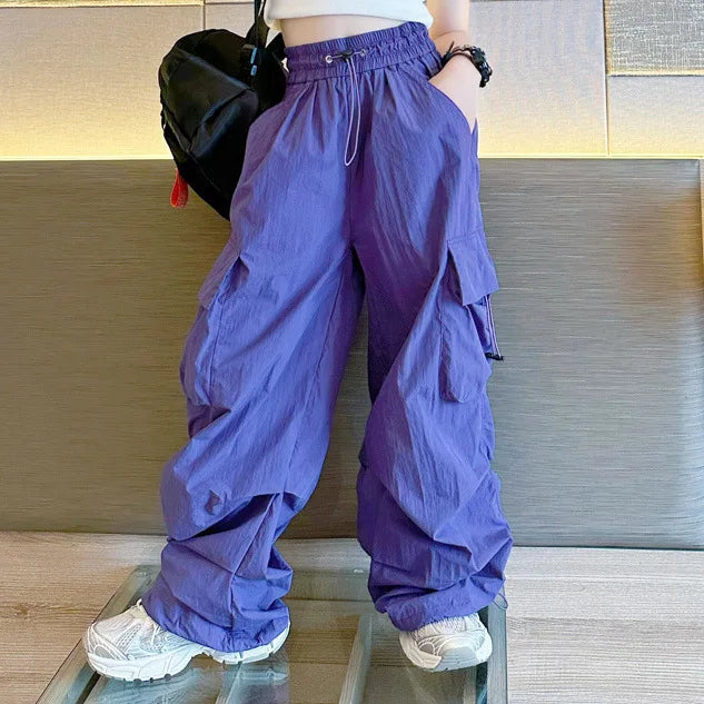 Cargo Pants for Teenage Kids New Summer Streetwear Hip Hop Sweatpants for Girls Baggy Wide Leg Straight Trousers 6 8 10 12 14 Y