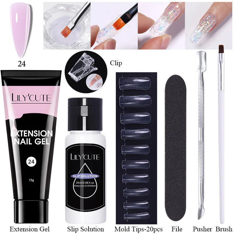 LILYCUTE 15ml Extension Gel Nail Polish Set Quick Nail Prolong With Extend Mold Nail Tips Acrylic Solution Manicure Tools Kit