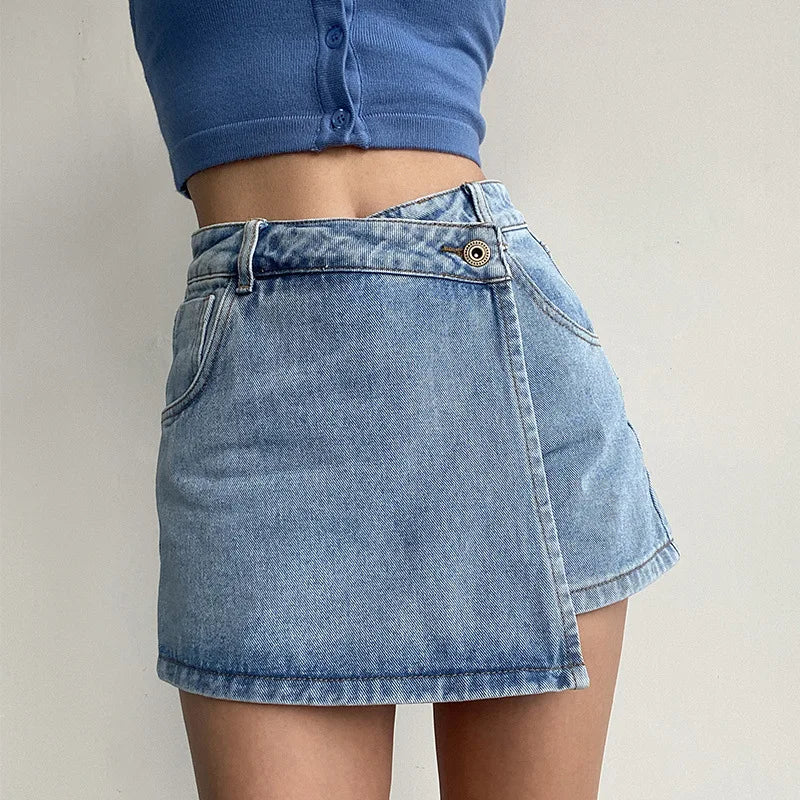 High-waisted A-word Denim Shorts Women's New Light-colored Fake Two-piece Design Thin Spice Girl Culottes Denim Short Skirts Ürün ana görseli