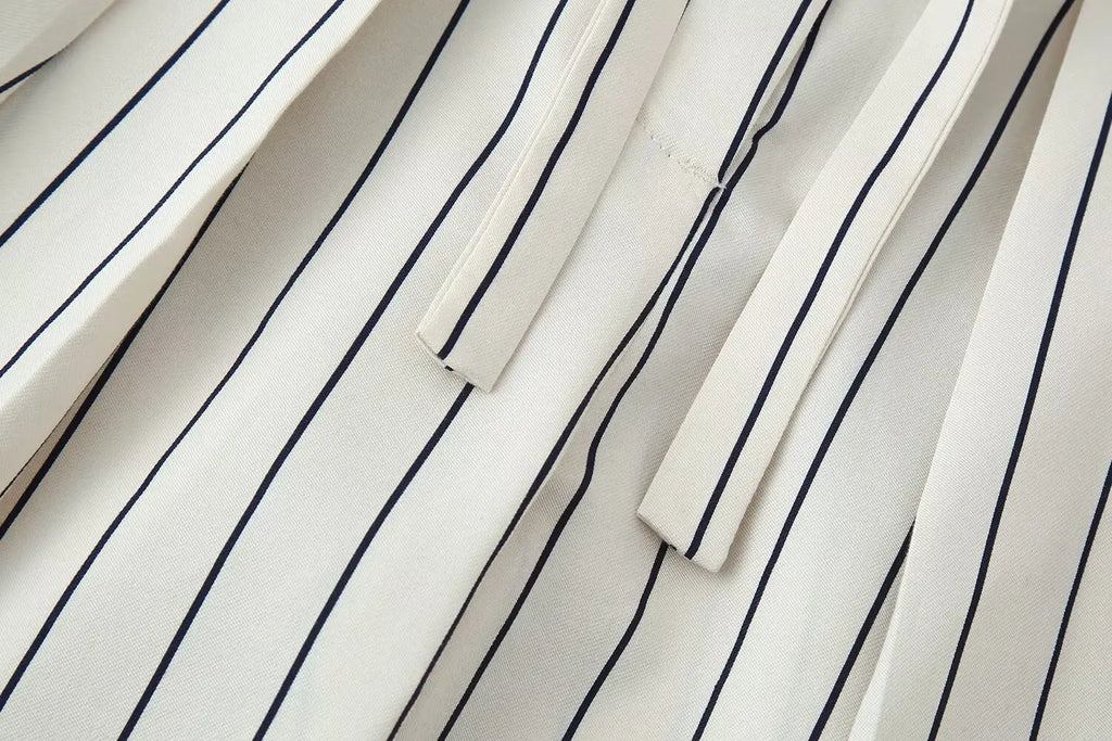 HH Women 2026 New Fashion Versatile Beige Striped Puffy Sleeve Shirt+High Waisted Loose Pleated Casual Long Pants Two Piece  Set