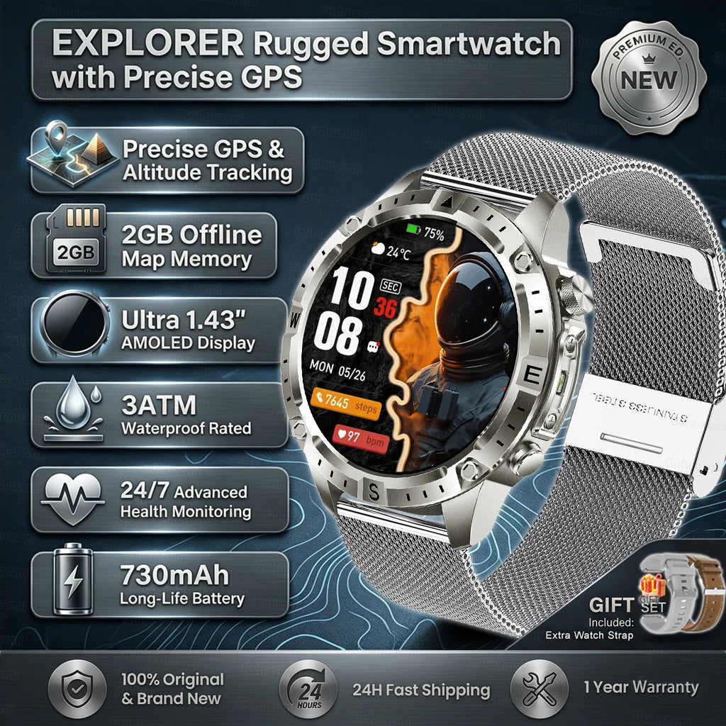 GPS Sports Smartwatch Men Women Swim Waterproof Fitness Tracker 2GB Memory Offline Maps  SpO2 Rugged Outdoor Smartwatch for Men
