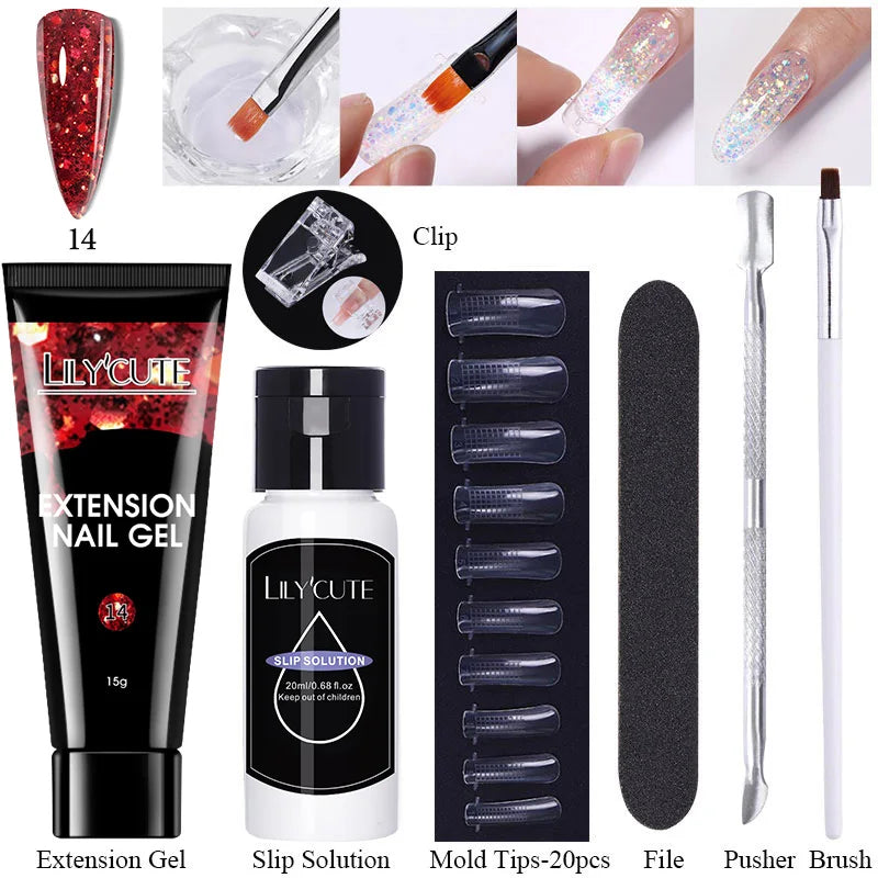 LILYCUTE 15ml Extension Gel Nail Polish Set Quick Nail Prolong With Extend Mold Nail Tips Acrylic Solution Manicure Tools Kit