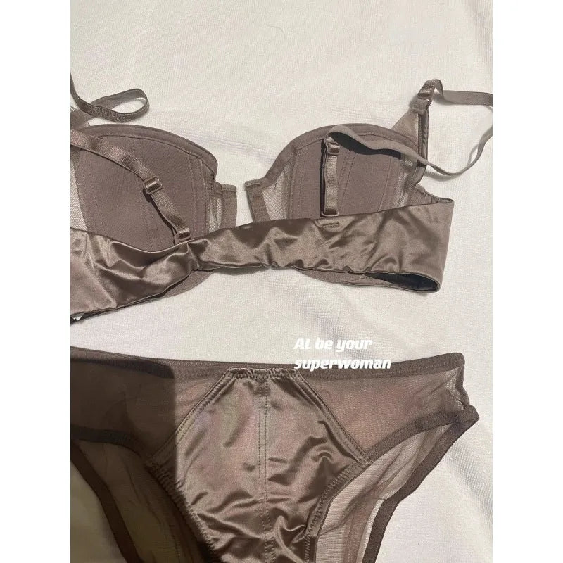 Front Buckle Push Up Bra for Women Lingerie Set Sexy Satin Mesh Semi-Cup Wireless Lift Bra Set with Adjustable Straps S-XL Size
