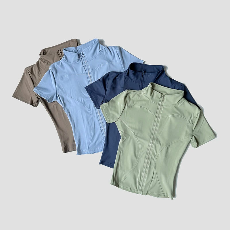 Slim Fit Short Sleeve Yoga Shirt Women's Stand Collar Zipper Jacket High End Running Sport Fitness Top