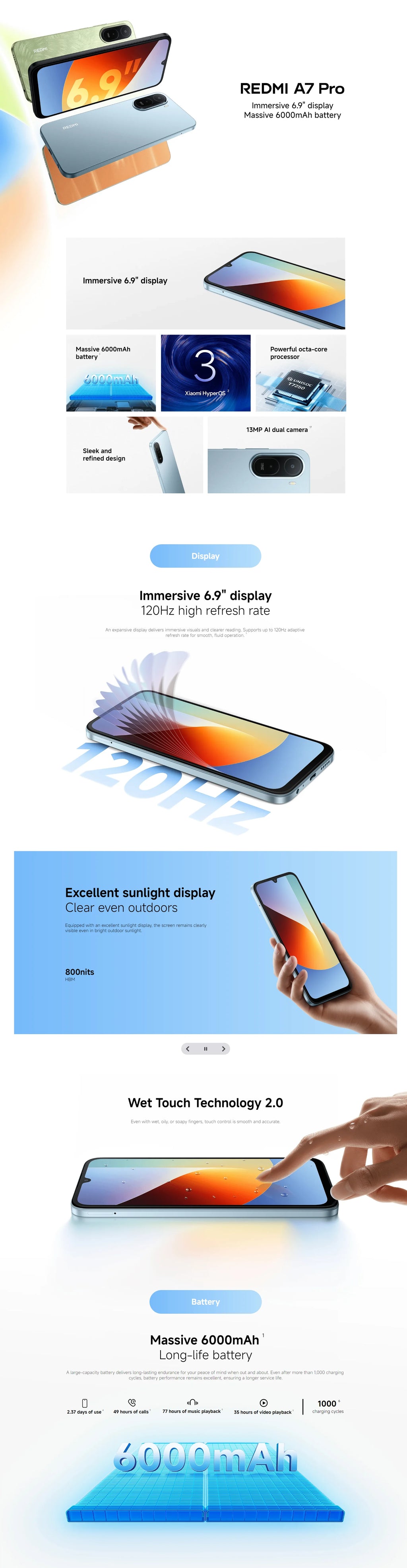Global Version Xiaomi Redmi A7 Pro Smartphone 6000mAh Battery 6.9" 120Hz Display 13MP Camera Xiaomi HyperOS Xiaomi Cellphone