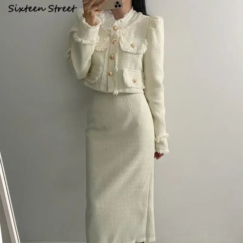 Beige Tweed Jacket + High Waisted Skirts Women Winter  Golden Button 2 Piece Sets Wool Luxury Vintage Skirts Sets Autumn