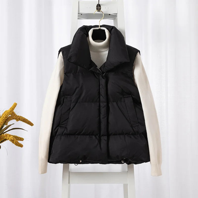 Women Fashion Autumn New 2024 Stand Collar Elegant Down Coats Warm Outerwear Casual Belt Sleeveless Winter Women Vests Jackets