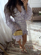 Pink Floral V-neck Mini Dress Waist-cinching Bell Sleeve Chiffon Skirt Commuting And Dating Women's Casual Daily Dresses 2026