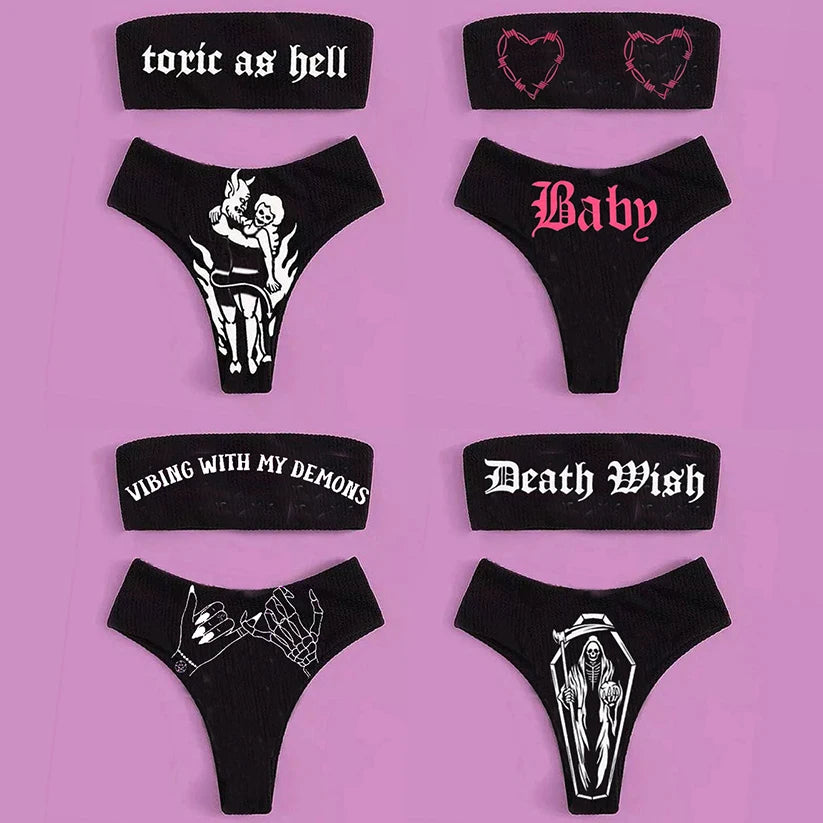 Gothic Bikini 2025 Women Skeleton Tube Top Bra Triangle Bottoms Swimsuit Split Bathing Suit Underwear Y2K Bikinis Punk Swimwear Ürün ana görseli