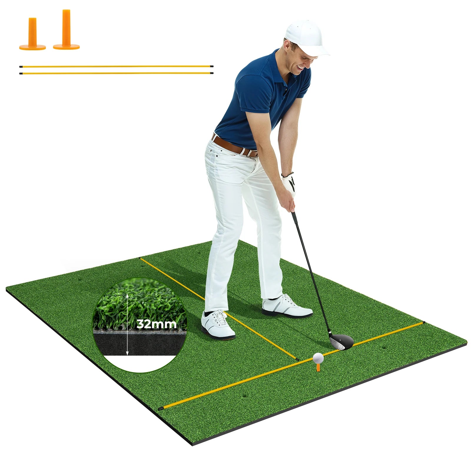 Golf Practice Mat with Artificial Grass, 5 x 4 Feet Indoor Outdoor Hitting Pad with Rubber Tees & Alignment Rods, Golf Mat