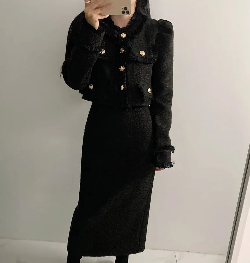Beige Tweed Jacket + High Waisted Skirts Women Winter  Golden Button 2 Piece Sets Wool Luxury Vintage Skirts Sets Autumn