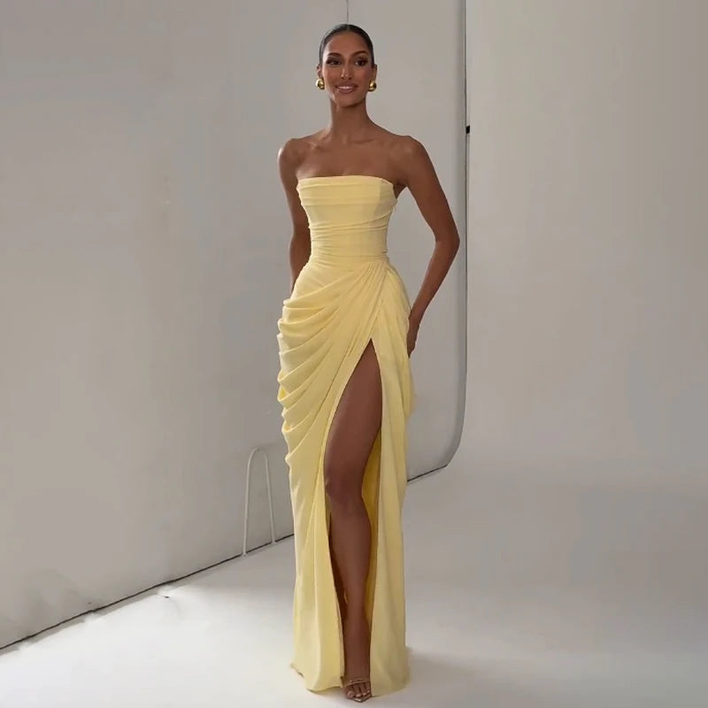 Women Solid Pleated Sexy Strapless Dress Lady Chic Off-shoulder Backless High Waist Split Dresses 2026 New Evening Party Gown