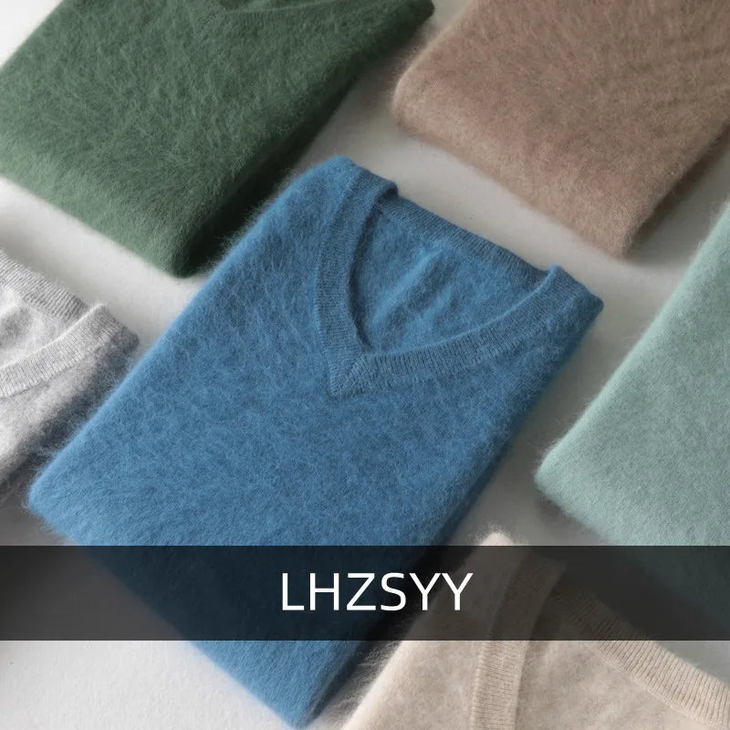 LHZSYY Men's 100% Mink Cashmere Large Size Sweaters Autumn Winter Solid V-neck Casual Knit Pullovers Men Long Sleeve Warm Jumper Ürün ana görseli