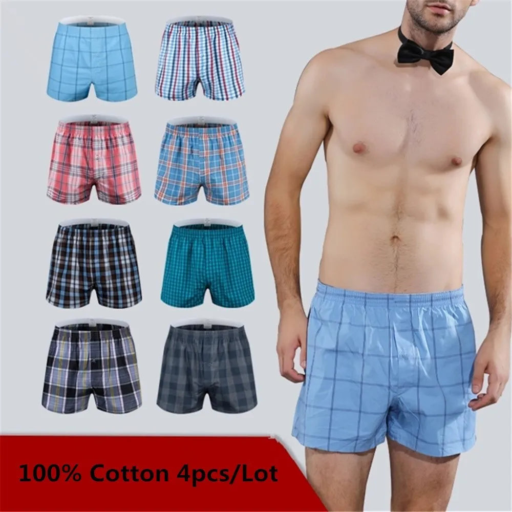 4PCS Mens Underwear Boxers Loose Shorts Men'S Panties Cotton The Large Plaid Arrow Pants Plus Size  Classic Basics Plaid Ürün ana görseli