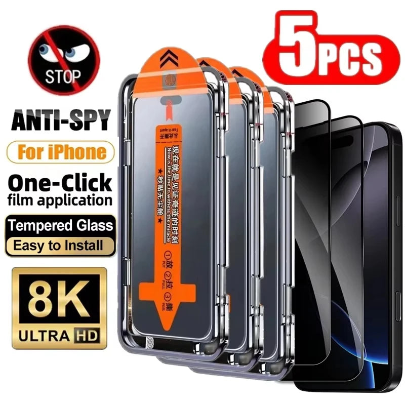 5PCS Privacy Screen Protector for iPhone 17 Pro Max 16 15 14 13 12 11 16e Plus Mini XR Dust Free Install Anti-Spy Tempered Glass Main image