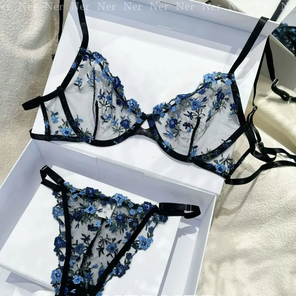 YUQI French Luxury Lingerie Set - Sexy Floral Embroidery Black Bra & Panty Set, Sheer Transparent Seductive Women's Intimates
