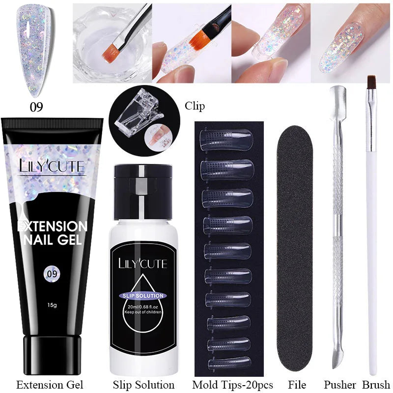 LILYCUTE 15ml Extension Gel Nail Polish Set Quick Nail Prolong With Extend Mold Nail Tips Acrylic Solution Manicure Tools Kit