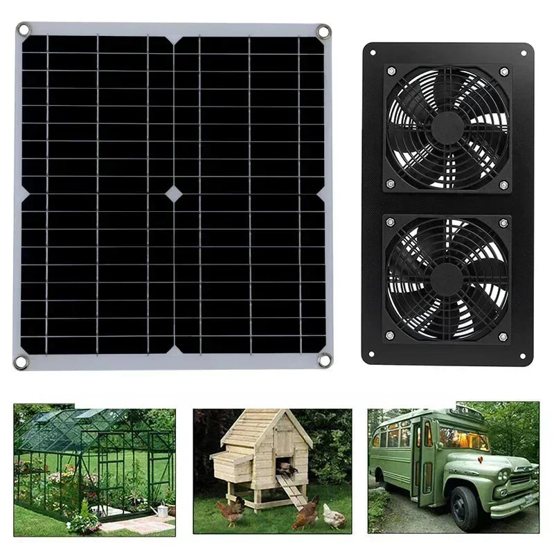 High Efficiency Outdoor Solar Panel Dual Exhaust Fan for Dog Warehouse RV Greenhouse Fan Air Pump Cooling Temperature