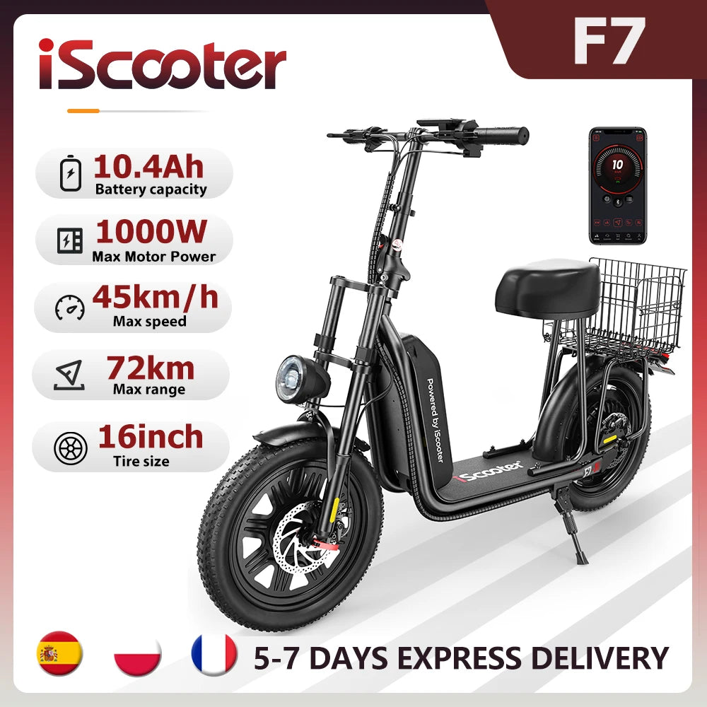 iScooter F7 48V 1000W E-Scooter 45km/h 72km Range App Control 16" All-Terrain Tires Foldable Rear Basket Perfect Grocery Helper Ürün ana görseli