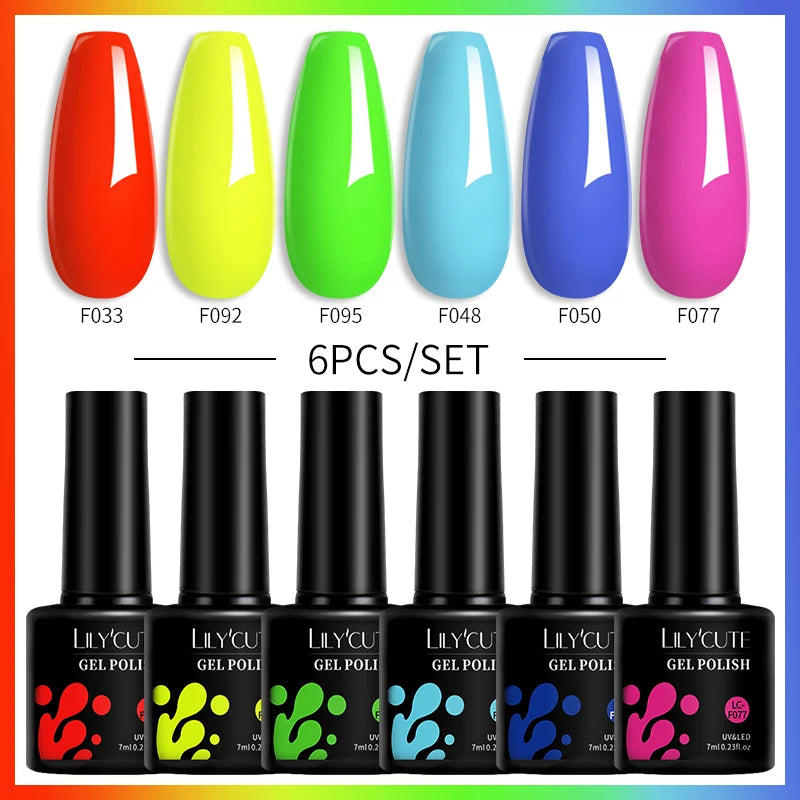 LILYCUTE 6PCS Gel Nail Polish Set Summer Neon Nail Gel Kits For DIY Nail Vernis Semi Permanent UV Lamp Gellak Nail Varnish Set