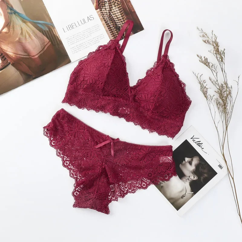 Women Push-Up Bra Set Sexy Lingerie Floral Lace Wire Free Bralette Low Rise Panties Sexy Briefs Female Underwear Intimates
