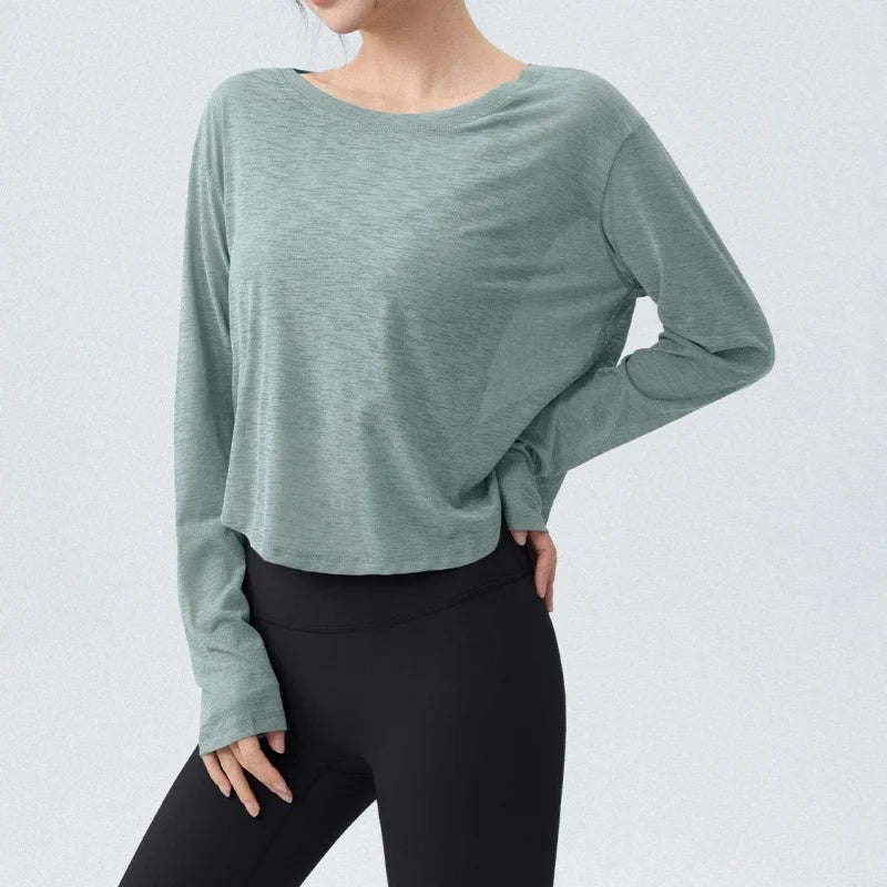 DRUR Women's Long Sleeve Yoga T-Shirts, Loose Fit Sports Fitness Crop Tops Casual Lightweight Thin Shirt For Gym Street Travel