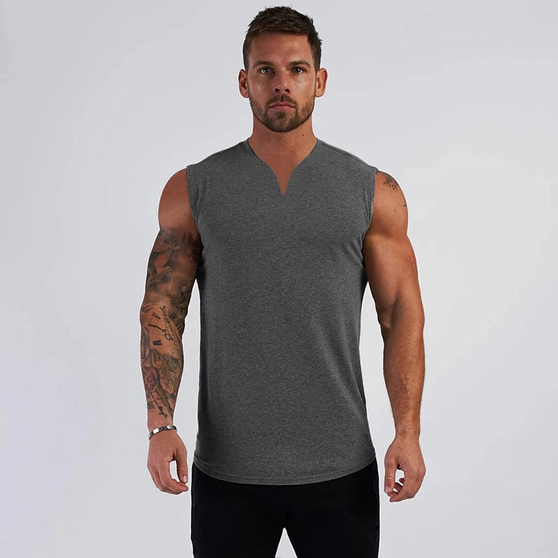 Summer Cotton Breathable V-neck Tank Tops Gym Workout Running Sport Sleeveless Shirt Mens Fitness Bodybuilding Muscle Clothing