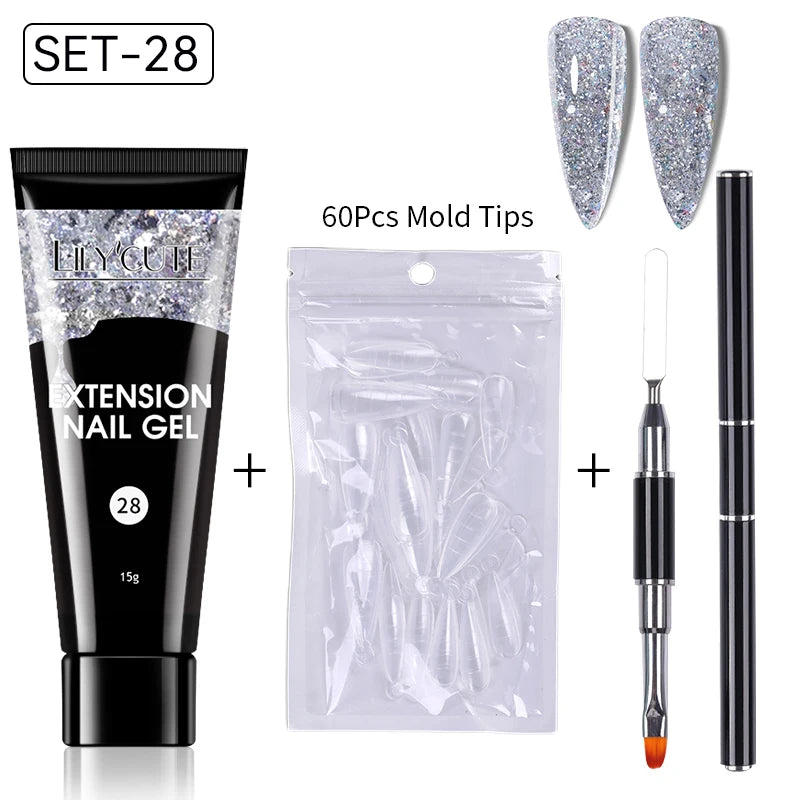 LILYCUTE 15ml Extension Gel Nail Polish Set Quick Nail Prolong With Extend Mold Nail Tips Acrylic Solution Manicure Tools Kit