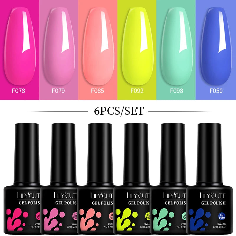 LILYCUTE 7ML 6PCS Neon Gel Nail Polish Set fluorescent Series Color Changing Semi Permanent Soak Off Manicure kit Nail Art Gel