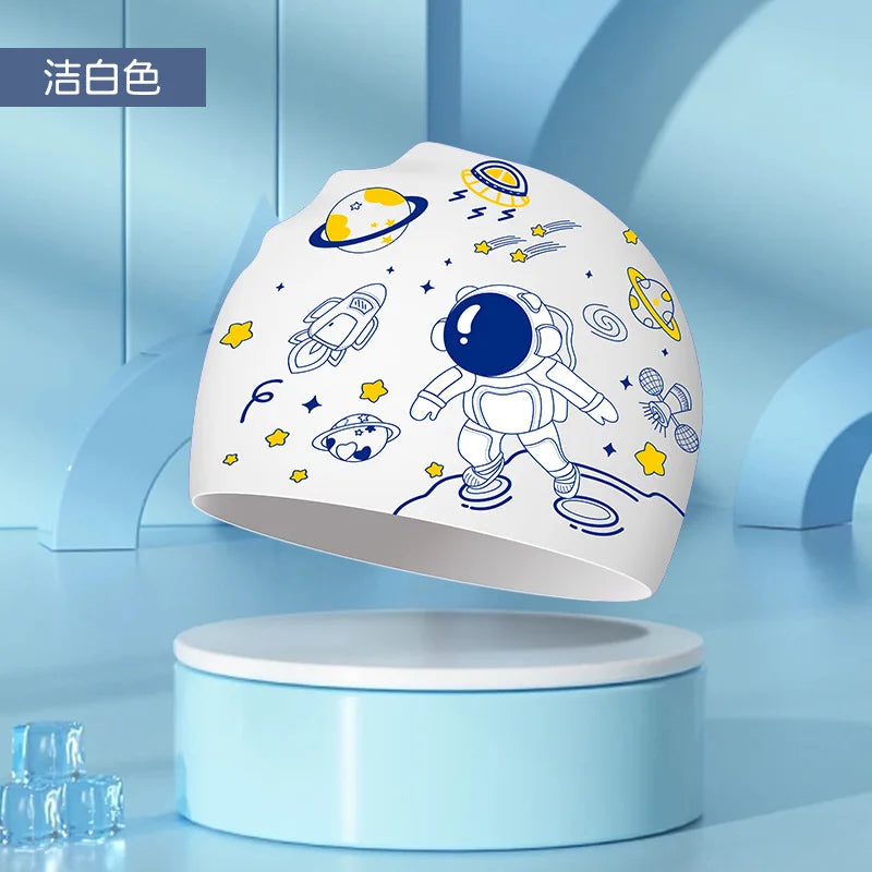 Kids Swim Cap High Elastic Waterproof Silicone Breathable Lightweight Cartoon Pattern for Pool Swimming Boys Girls Comfort Fit
