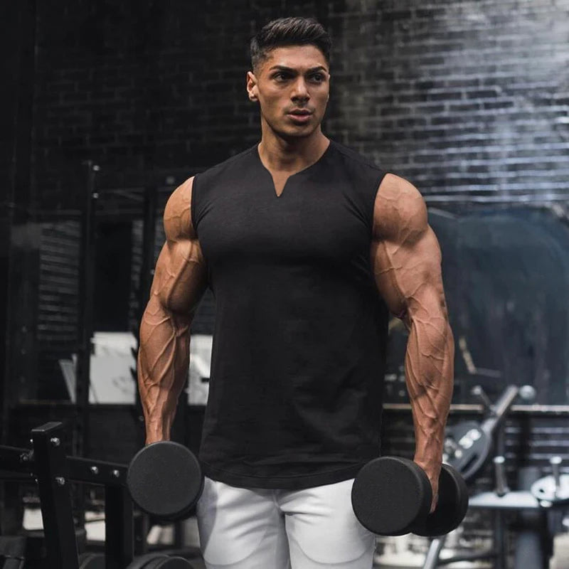 Summer Cotton Breathable V-neck Tank Tops Gym Workout Running Sport Sleeveless Shirt Mens Fitness Bodybuilding Muscle Clothing