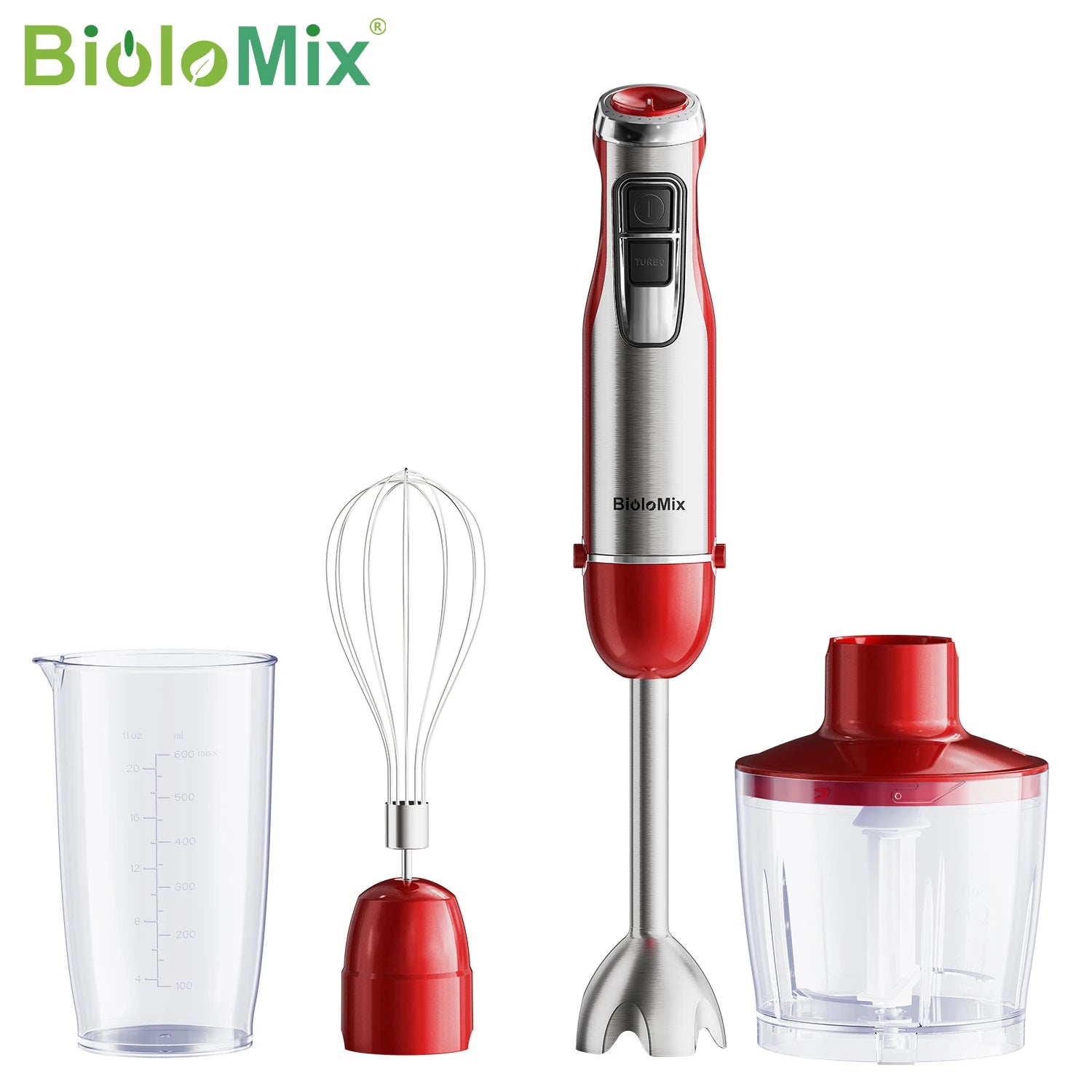 BioloMix 4-in-1 Hand Stick Blender, 1200W Stainless Steel - Immersion Mixer with Chopper Smoothie Cup Ice Blades for Baby Food Ürün ana görseli