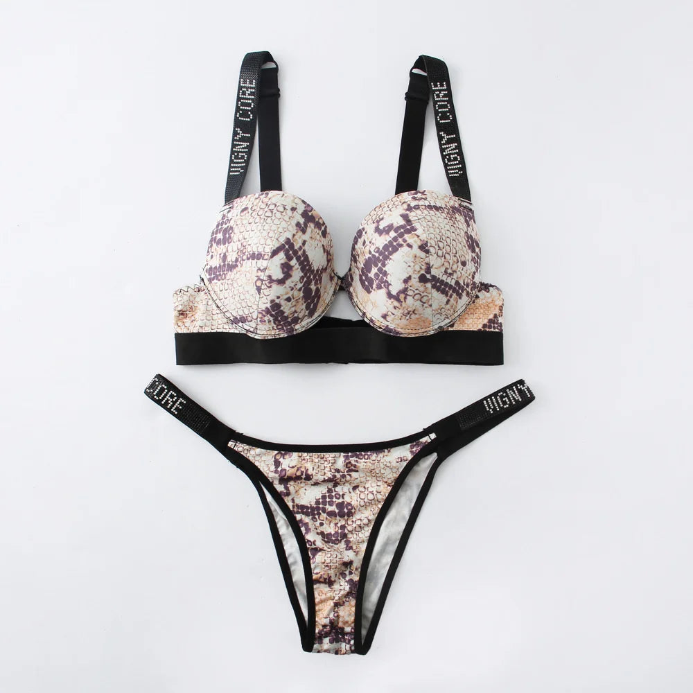 Letter Rhinestone Sports Leopard Sexy Lingerie Set Gathered Push Up Seamless Bra Set Fashion Traceless Thin Fitness Underwear