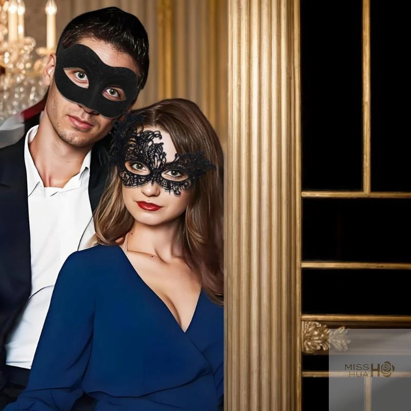 Set of 2, Couple's Elegant Black Lace Masquerade Masks for Costume Parties Ürün ana görseli