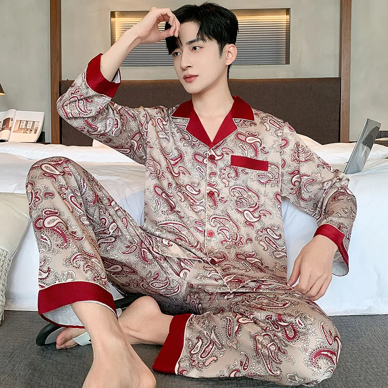 High Quality Pajamas Suit Men Summer Short Sleeve Shorts Ice Silk Sleepwear Male Summer Large Size Simple Casual Loungewear Set