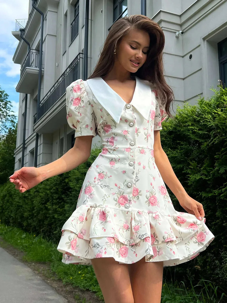 Tossy Printed Lapel Fashion Mini Dress Women's Short Sleeve Patchwork Contrast Elegant Summer Dress 2025 Female Bodycon Dress