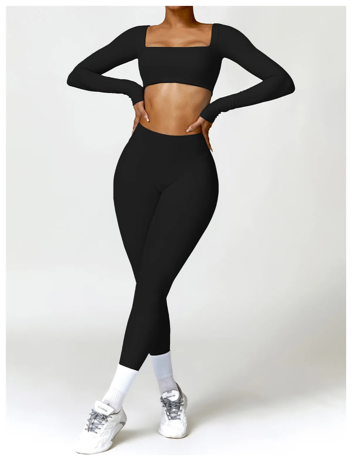 Hearuisavy Summer Casual Quick Dry Sportswear Women Square Neck Gym Top Women Fitness Sports Crop Top Long Sleeve Yoga Clothing
