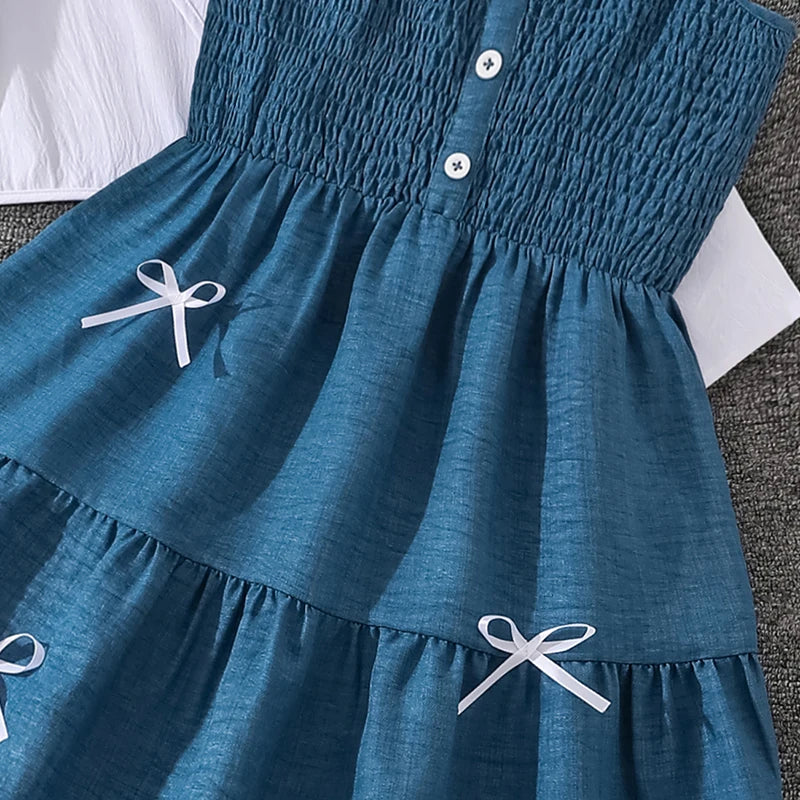 Kid Girl Long Sleeve Bow Design Coat & Beige All Print Shirred-Bodice Sling Dress Set Cute Sweet Elegant Princess Dress For Kids