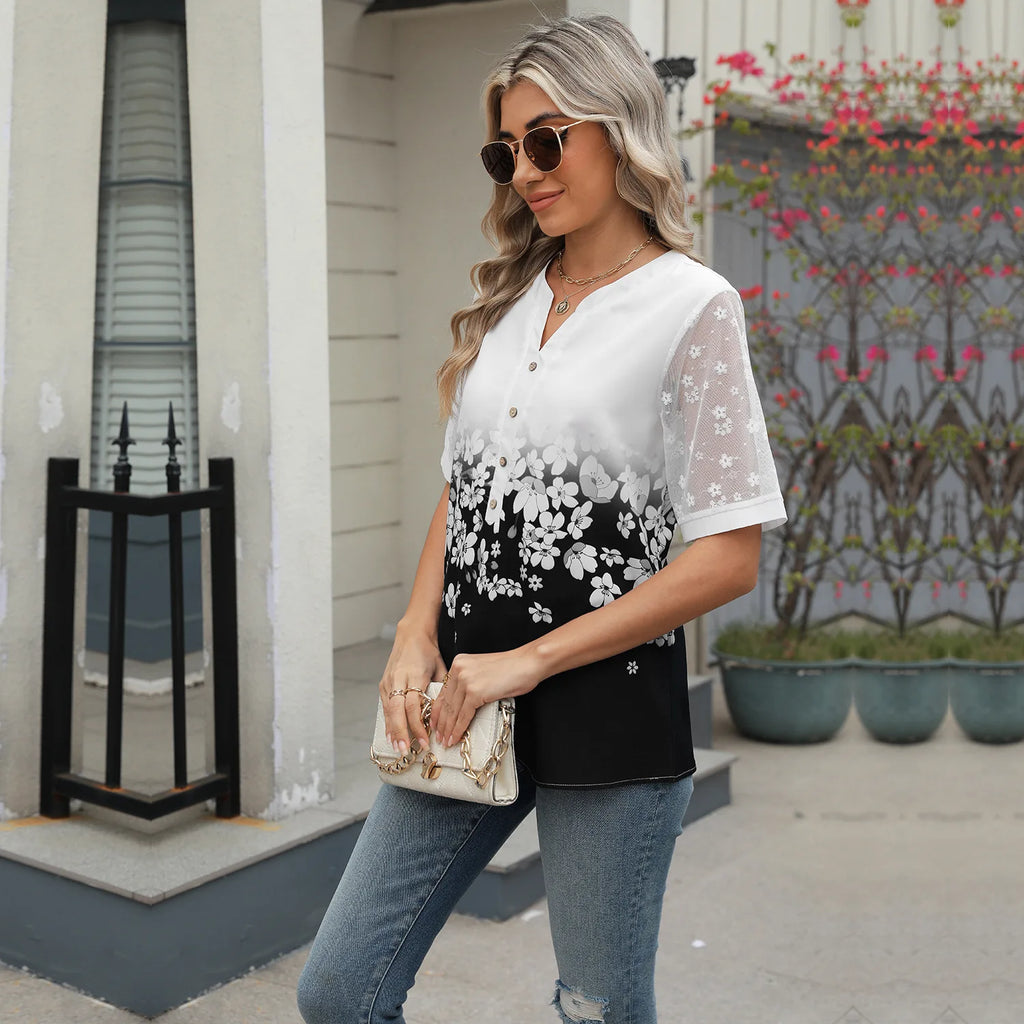 Summer Shirts Women Lace Patchwork Short Sleeve Blouse Flower Print Clothing Fashion Street Casual Daily V-Neck Button Tops 2025
