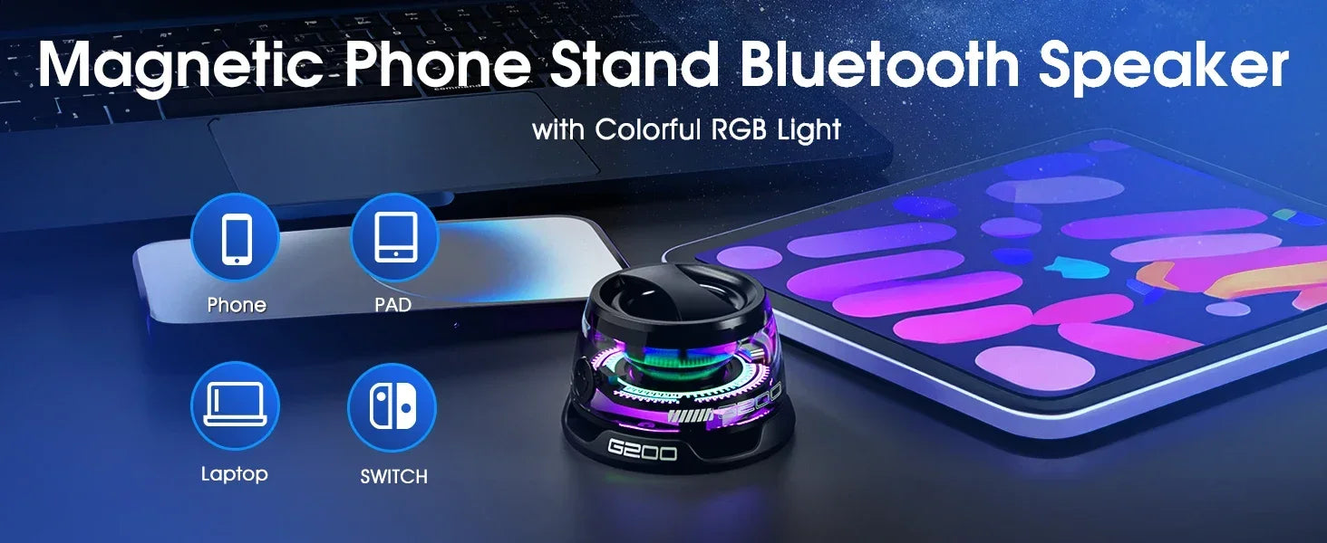 VIKEFON Portable Mini Bluetooth Speaker G200 RGB Lighting Magnetic Speaker BT5.3 Mini Sound Box 7 Hours Playback Phone Holder
