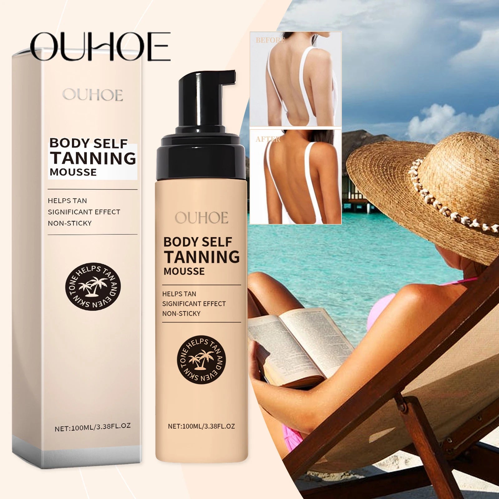 Ouhoe 100ml Sunless Self Tanning Mousse QuickDry Bronze Bronzer Natural Looking Tan for Face and Body Waterproof Outdoor Formula Ürün ana görseli