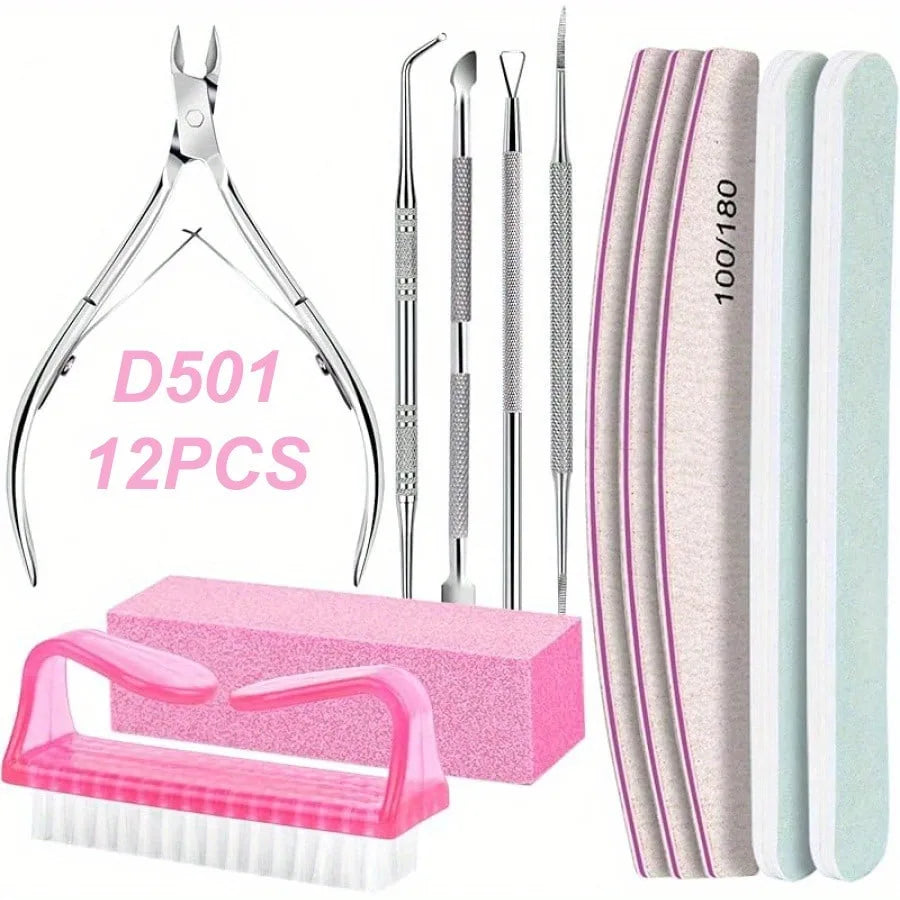 12Pcs/lot Nail Art 100/180 Grit Professional Files Buffer Sponge Block Brush Nail Scissors Kit With Cuticle Nipper Pushers Main image