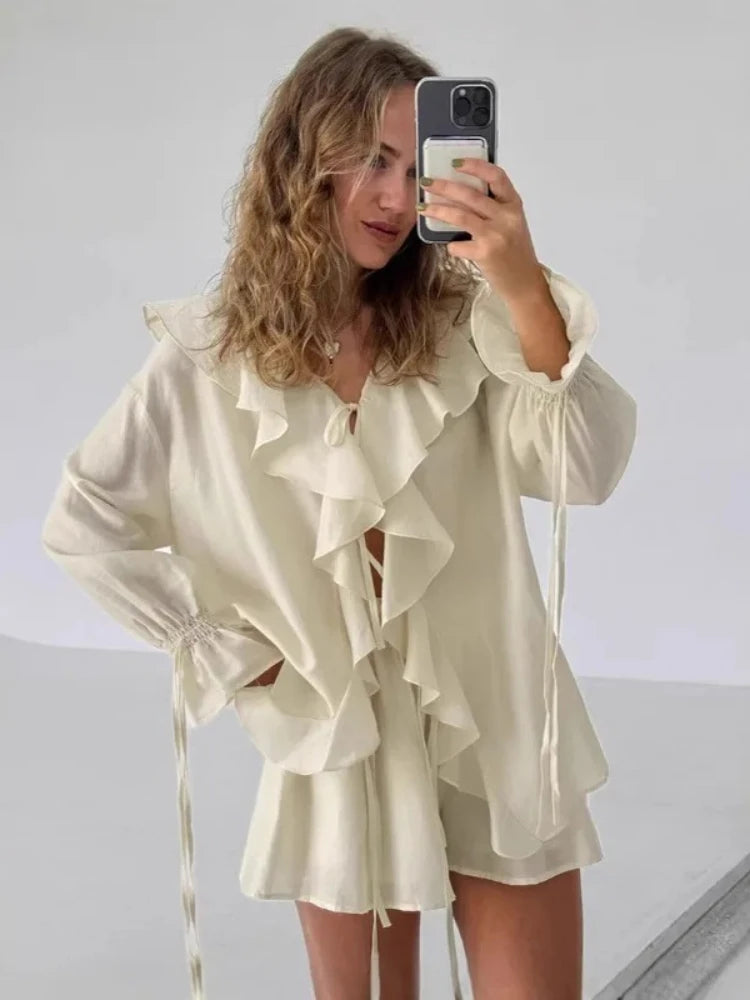 Casual Shorts Two-piece Set For Women Ruffled Loose Tie Top Simple Shorts Set OL Office Lady Summer Female Shorts Suit Main image