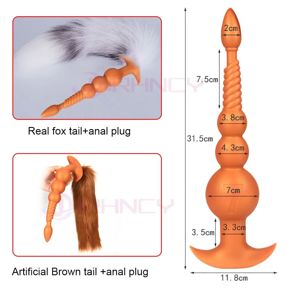 3-10cm Huge Anal Plug with Tail Sex Toys for Adult Games Couples DIY Cosplay Big Butt Plug Silicone Soft Long Anal Beads Women