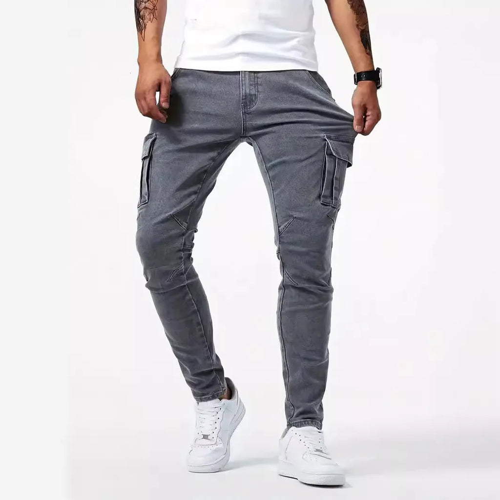 Men's street stretch denim jeans, washed solid color multi pocket work pants, casual slim fit, daily wear, jogging pants, mid wa