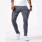 Men's street stretch denim jeans, washed solid color multi pocket work pants, casual slim fit, daily wear, jogging pants, mid wa