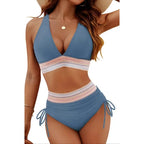 Sexy Deep V-Neck Bikini Swimsuit Set Women 2026 Summer Beach with Chest Cushion Swimwear High Waist Drawstring Triangle Bikini