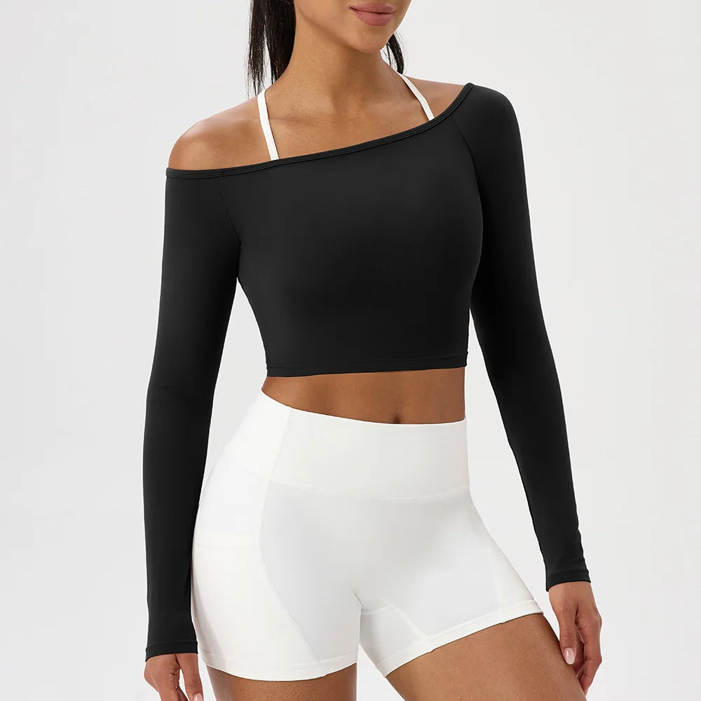 Yoga long-sleeved T-shirt women's one-shoulder sexy tight fitness wear top nude feel quick-drying sports sleeved Yoga Shirts