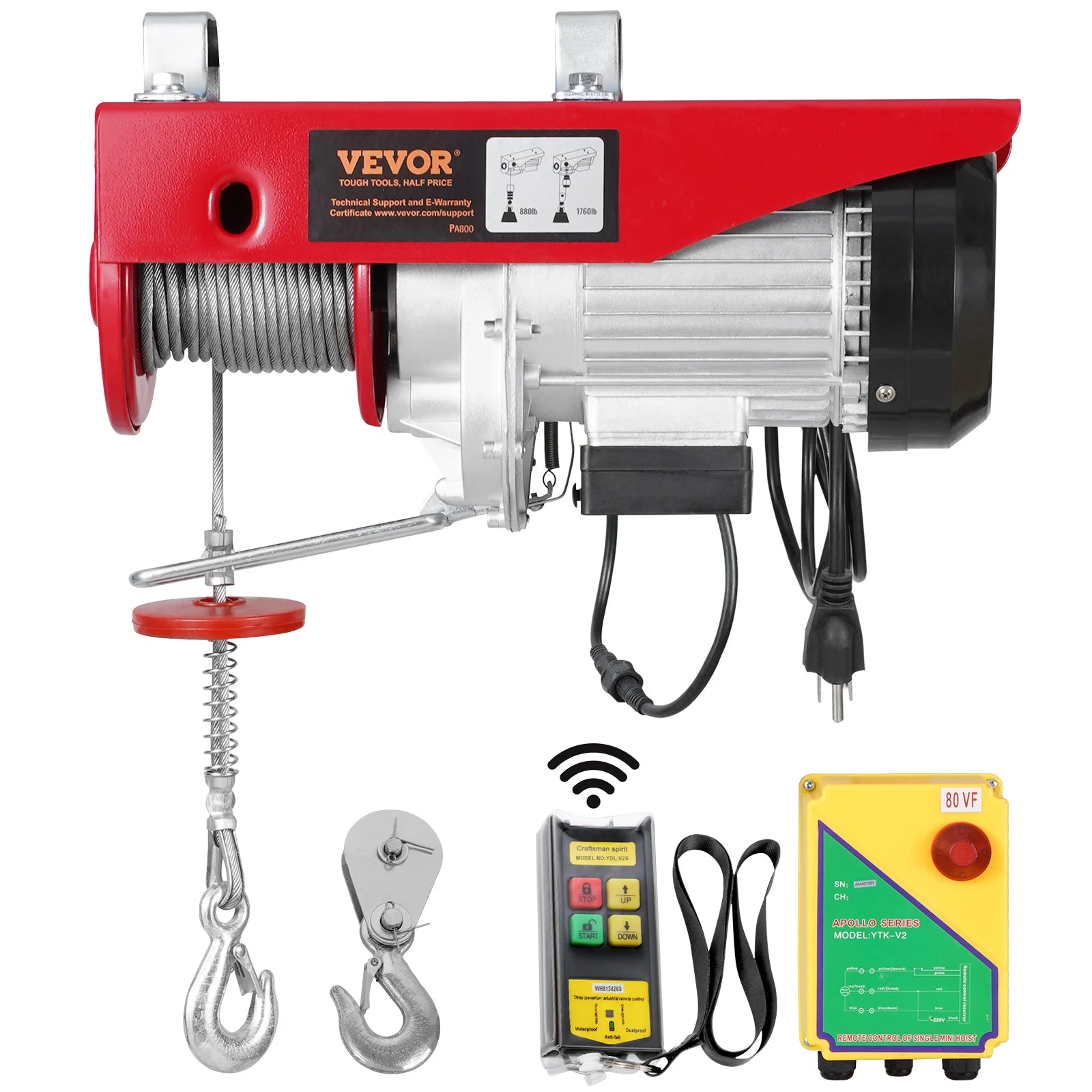 VEVOR 1320/1760/2200 lbs Electric Cable Hoist Winch with Wireless Remote Control & Emergency Stop for Garage Warehouse Lifting Ürün ana görseli